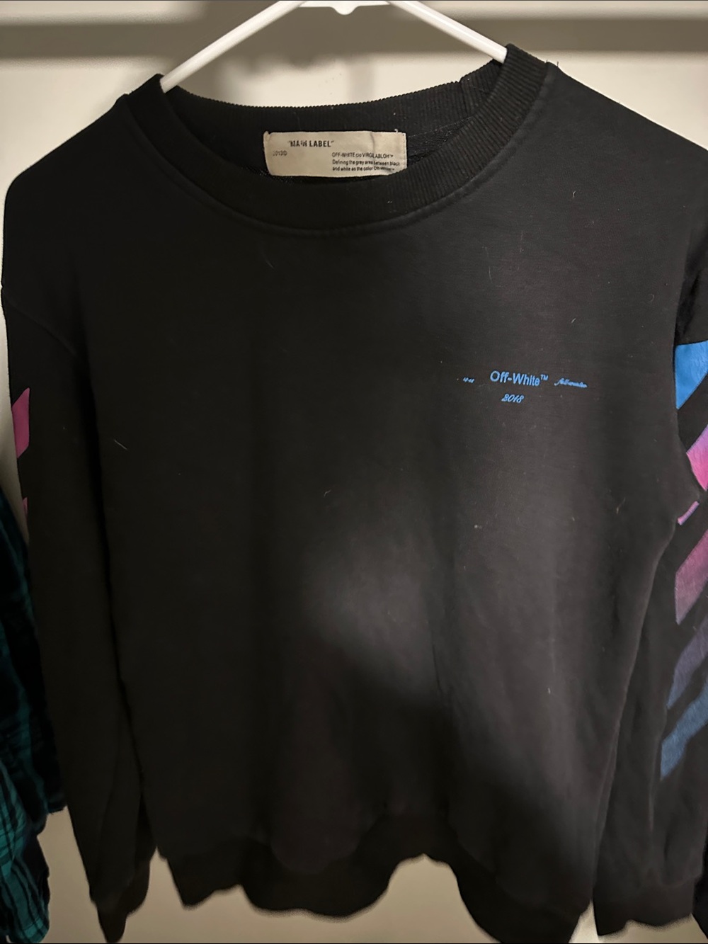 Off-White Black Crewneck with Blue and Pink Gradient Sleeve Chevrons